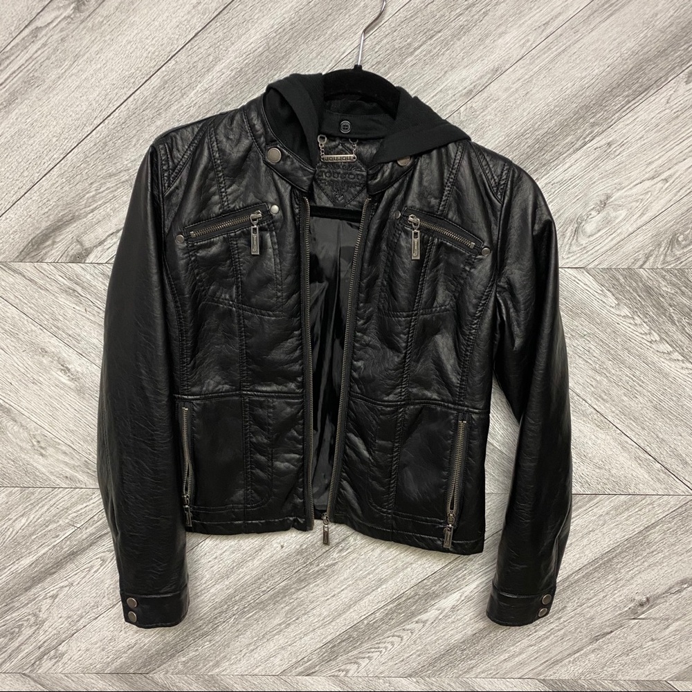 Joujou | Girls Black Faux Leather Hooded Jacket XL